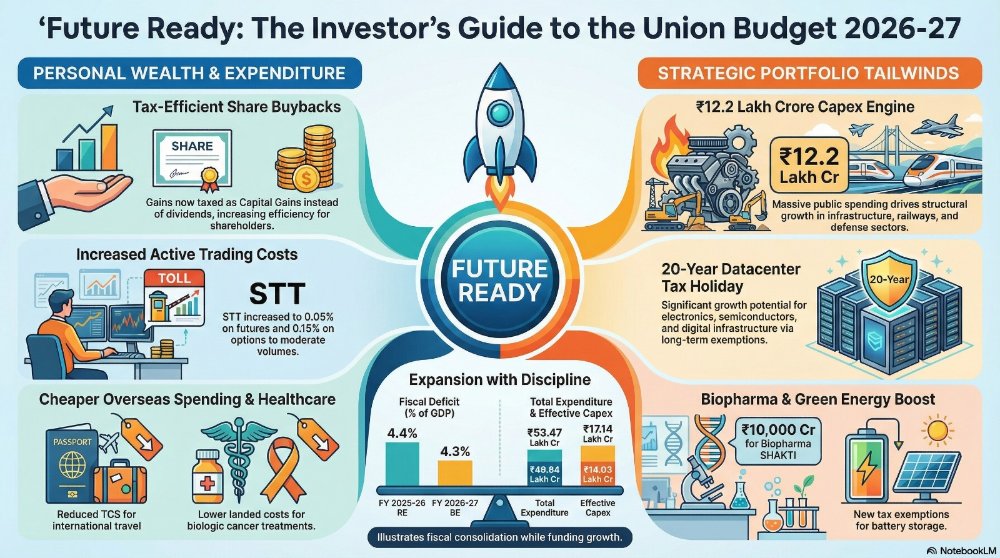 Infographic summarising the Union Budget 2026-27 for investors: share buybacks taxed as capital gains, higher STT on futures and options, lower TCS on overseas spending, a Rs 12.2 lakh crore capex push, a 20-year datacentre tax holiday, support for biopharma and green energy, and the fiscal deficit falling from 4.4% to 4.3% of GDP.