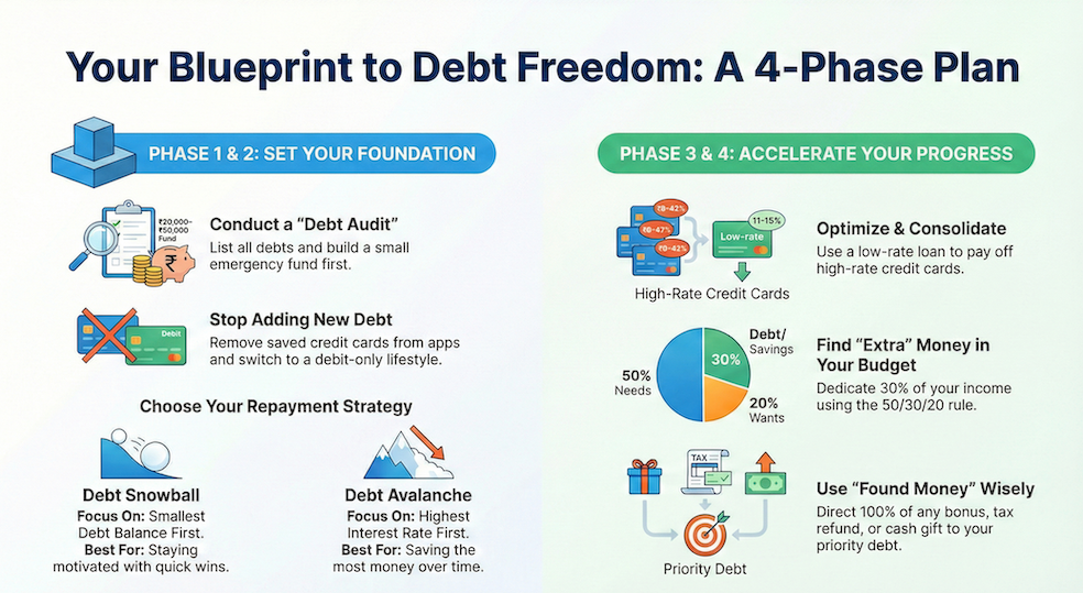 Infographic: a four-phase plan to debt freedom. Audit your debts and build a small emergency fund, stop adding new debt, pick the debt snowball (smallest balance first) or debt avalanche (highest interest first), consolidate high-rate cards with a low-rate loan, use the 50/30/20 budget rule, and direct windfalls to priority debt.