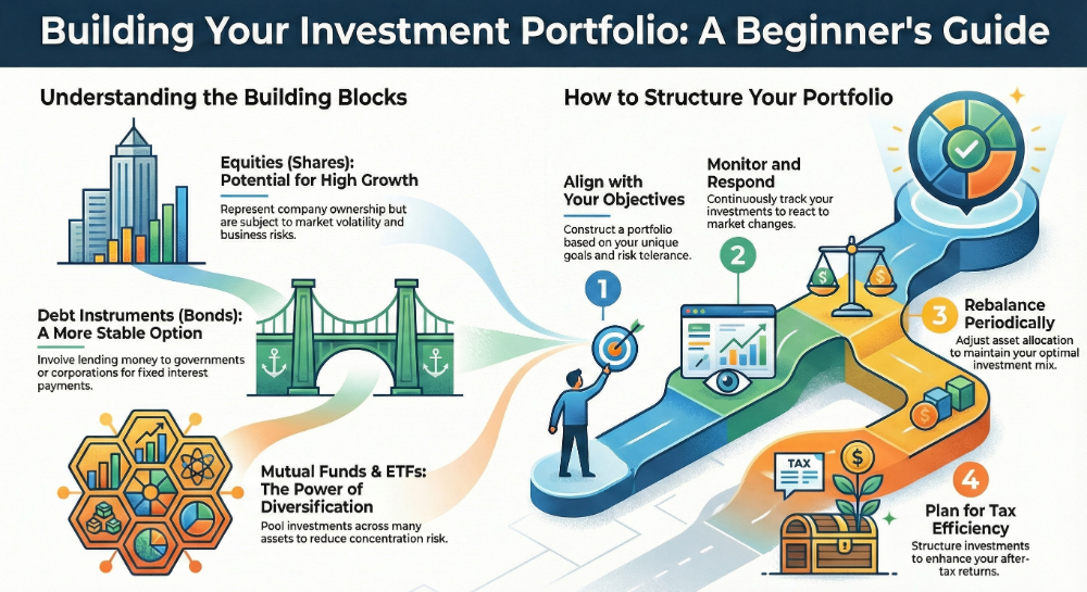 Infographic: building your investment portfolio, a beginner's guide. Equities for growth, bonds for stability, mutual funds and ETFs for diversification. Align with your objectives, monitor and respond, rebalance periodically, and plan for tax efficiency.